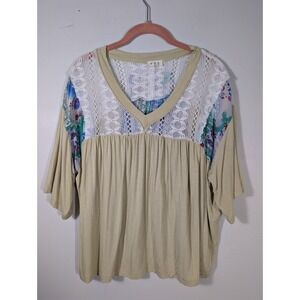 POL Women's Oversized Patchwork Shirt Green Floral‎ Lace Medium